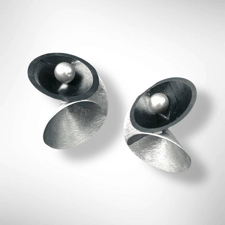 VOLUME 2 Medium Sized Multi-Sided Post Earrings from the SOUND Collection with Recycled Record Vinyl and Simulated Pearls for wholesale by Chick Boss LLC