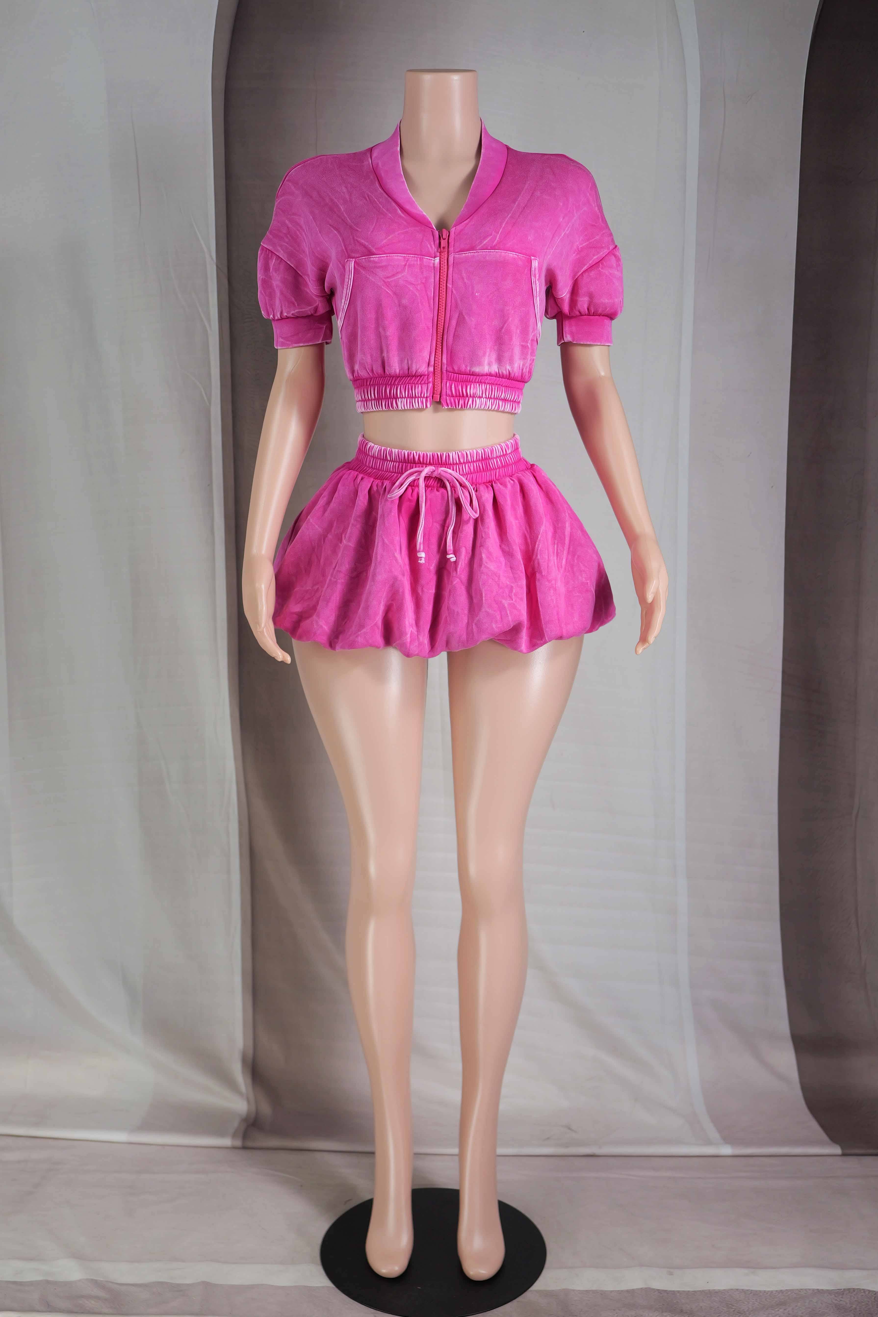 Dalia Studio – wholesale Top & skirt set – Women's – MINERAL WASH SHORT BOMBER & BUBBLE SKORT SET0