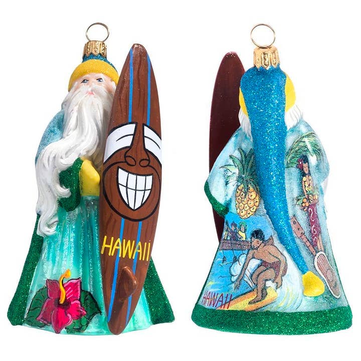Aloha Hawaii Santa with Tiki Surfboard for wholesale by Joy To The World Collectibles