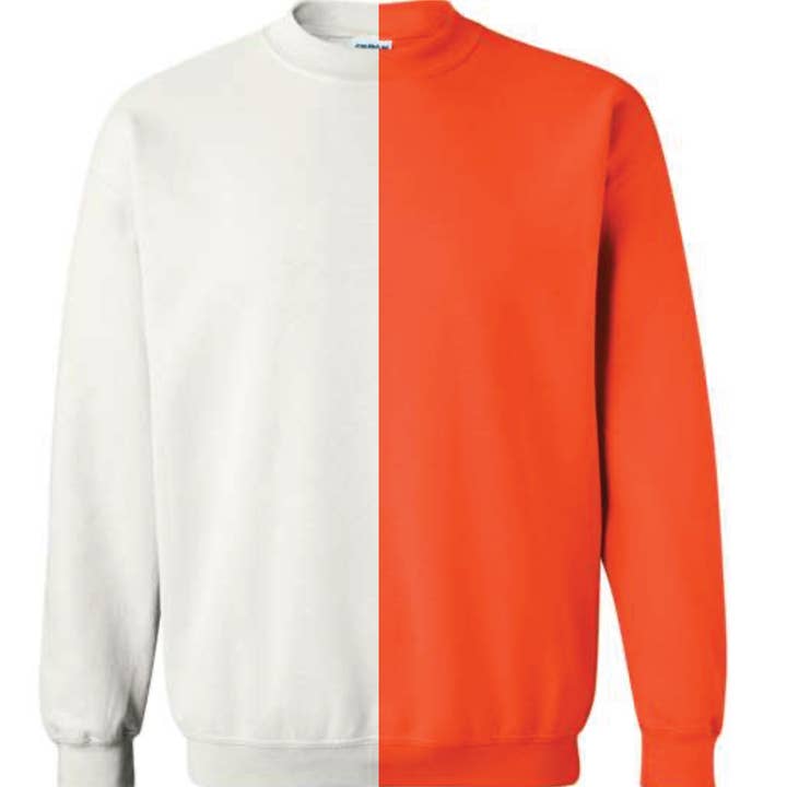 Orange & White Split Colored, Two-Toned, Crewneck for wholesale by McKenzie’s Infinity LLC