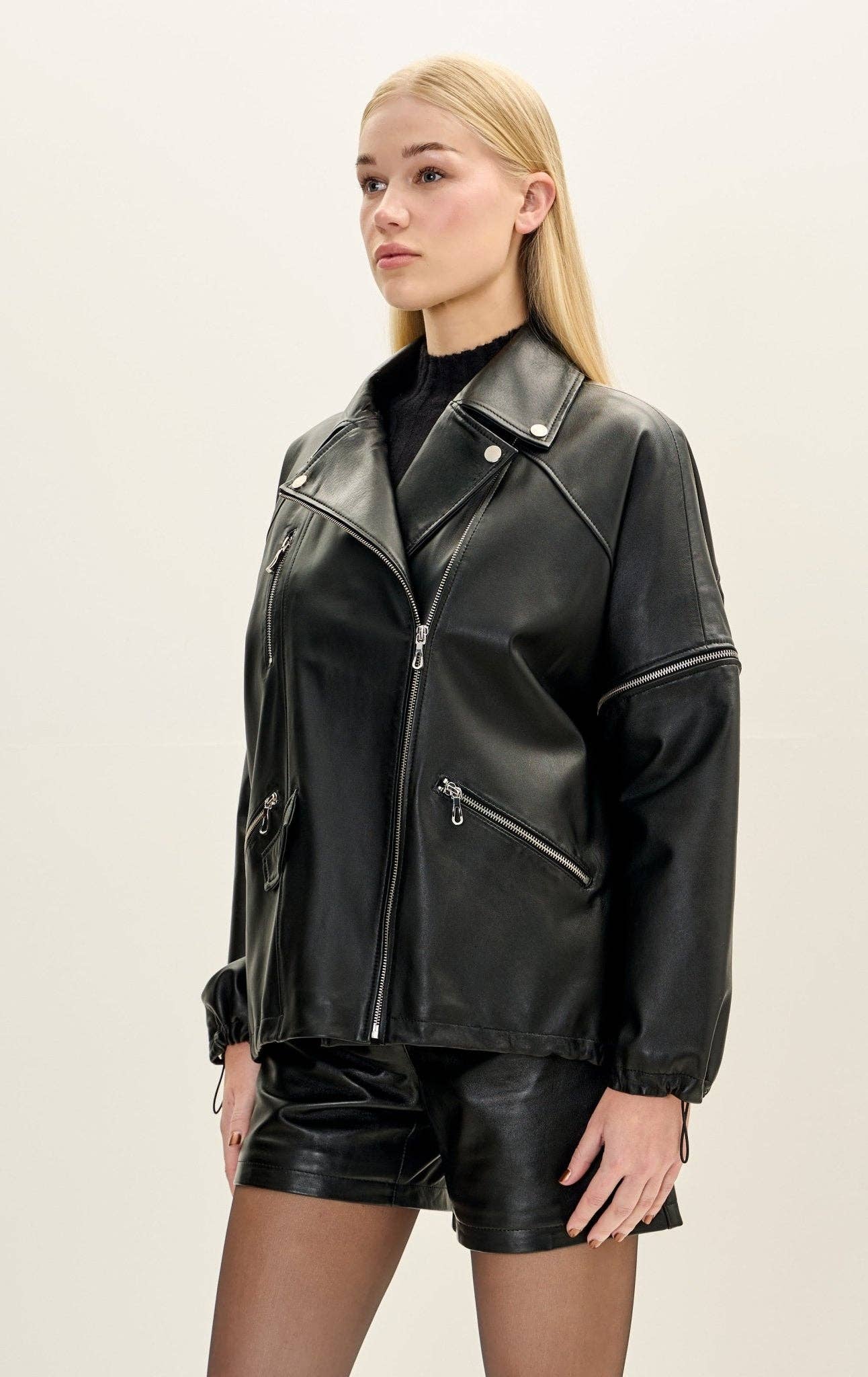 Women’s Lambskin Leather Removable Sleeves Jacket - Black for wholesale on Faire2