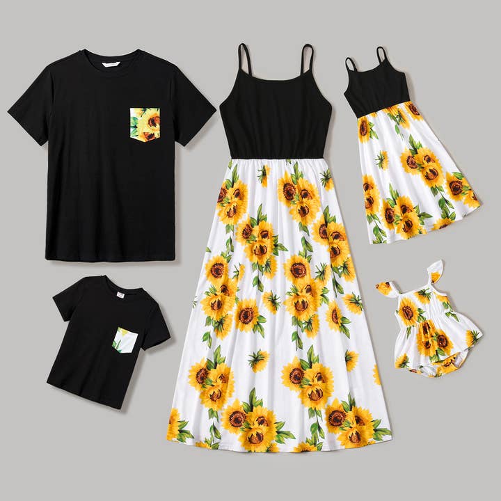 Robe à bretelles spaghetti à motif floral tournesol assortie pour la famille & Tee pour la vente par PatPat Matching