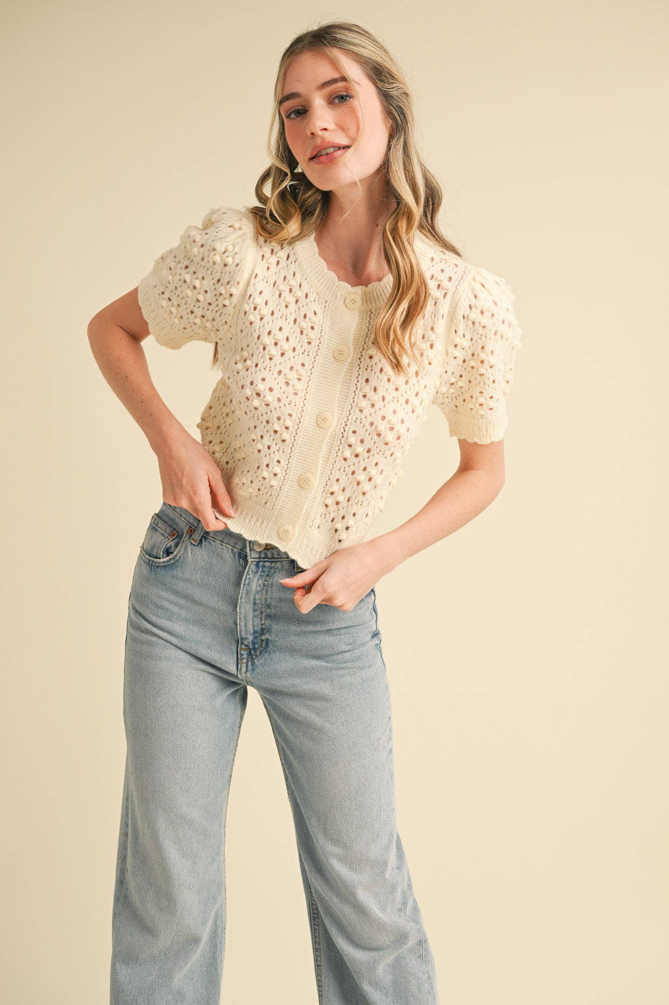 &MERCI - Wholesale Cardigan - Women's - CROPPED POINTELLE BUTTON DOWN SWEATER CARDIGAN MSW108573