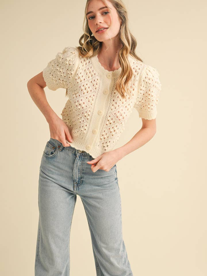 &MERCI - Wholesale Cardigan - Women's - CROPPED POINTELLE BUTTON DOWN SWEATER CARDIGAN MSW108573