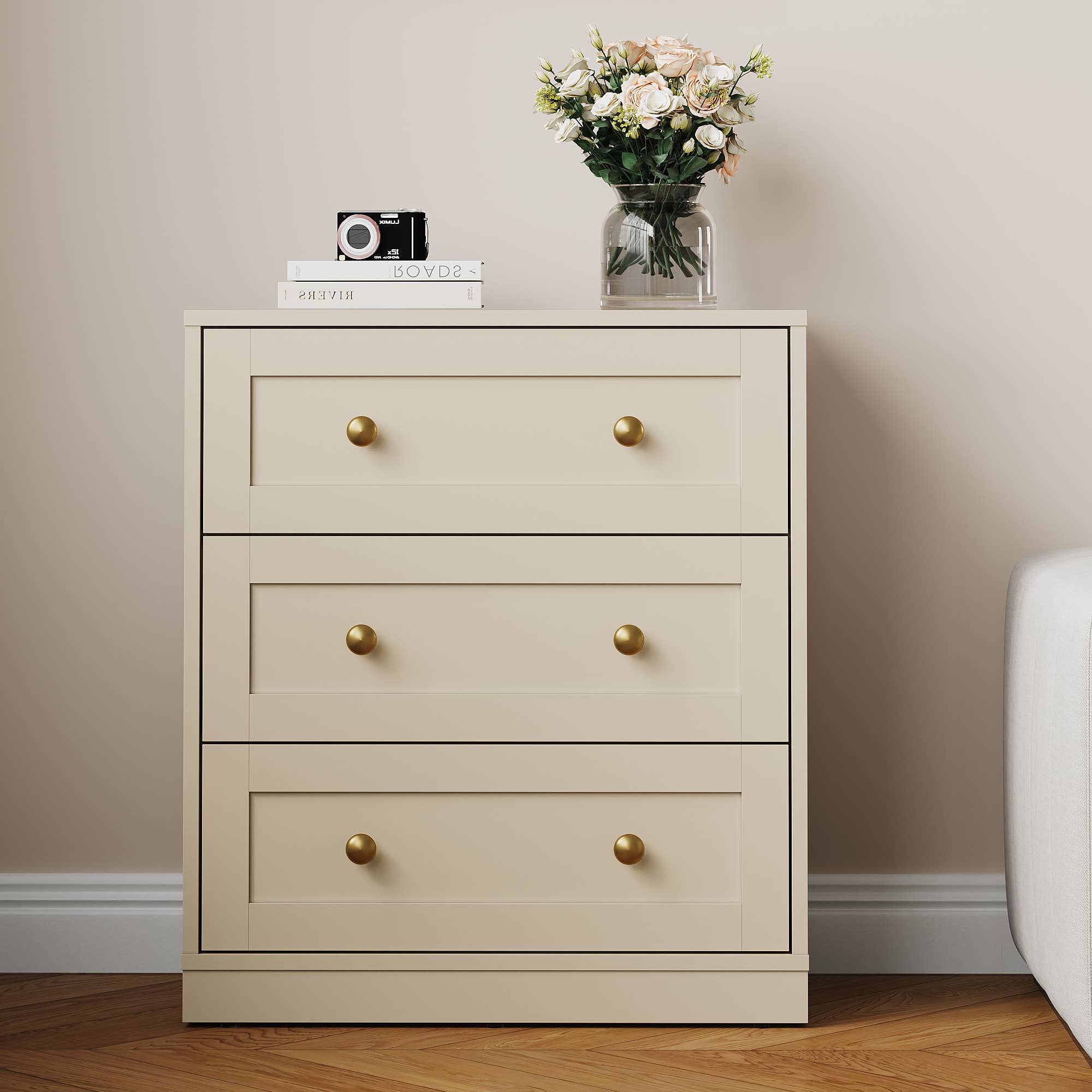 Heynemo - Vente Armoire - Table de chevet à 3 tiroirs, grande table de chevet avec rond doré35
