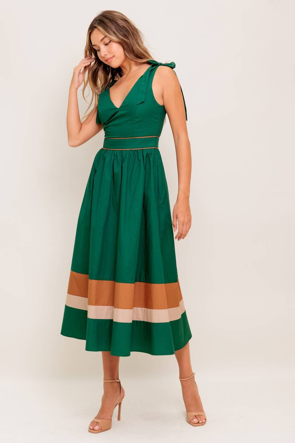 GREEN TAUPE A solid woven color blocked midi dress - ID22698 for wholesale on Faire2