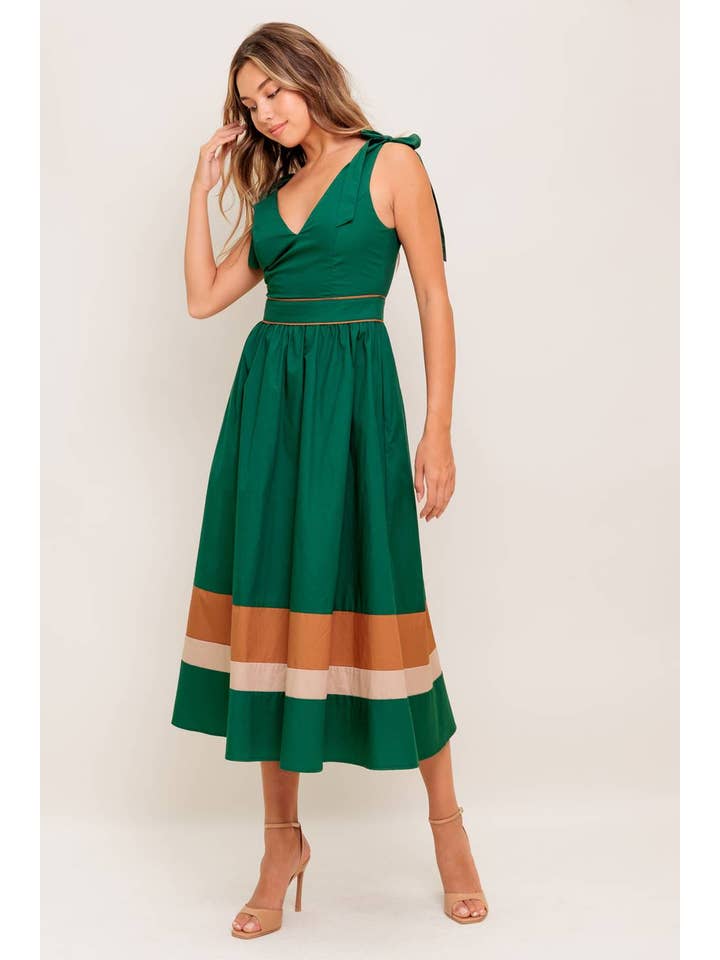 GREEN TAUPE A solid woven color blocked midi dress - ID22698 for wholesale on Faire2