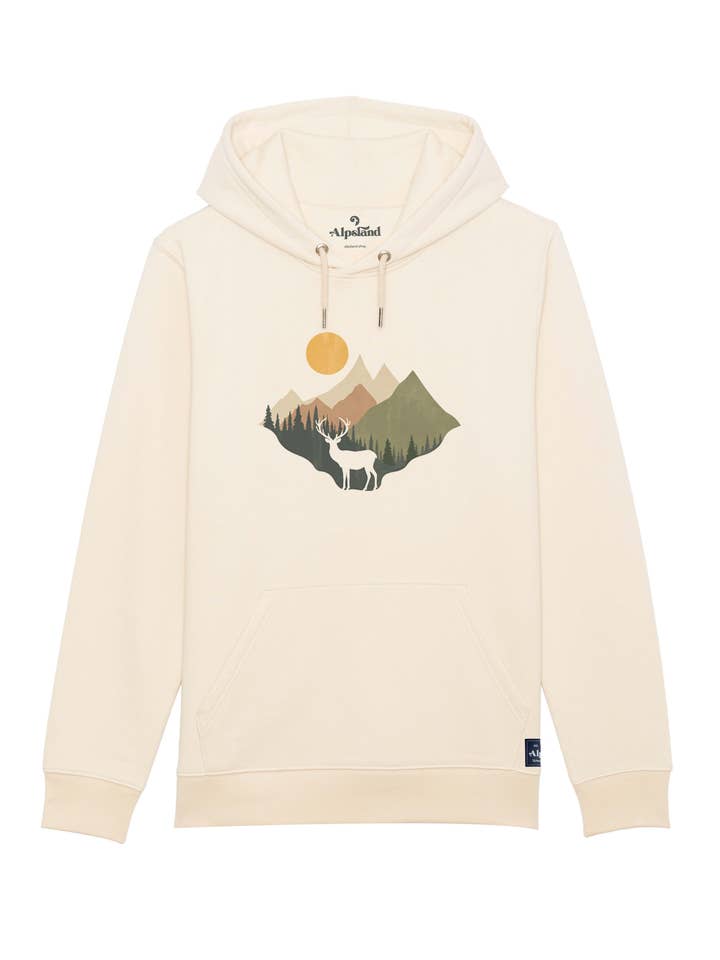 Cervo con paesaggio - Felpa con cappuccio unisex biologica per la vendita all'ingrosso da parte di Alpsland