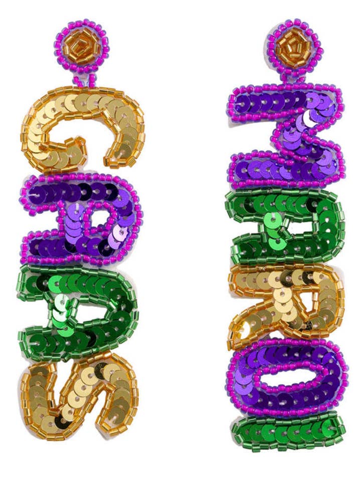 NEW!!! Mardi Gras 2025 Lightweight Sequin Mardi Gras Drop Earrings for wholesale by sequinandstiches