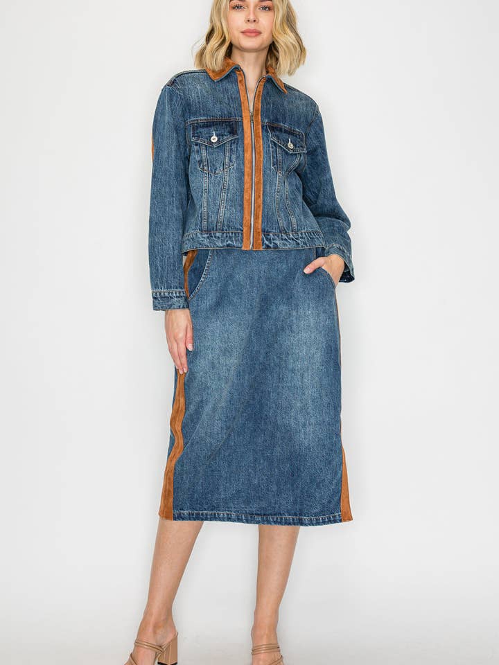 Dale Denim Skirt with Suede for wholesale by Joh Apparel