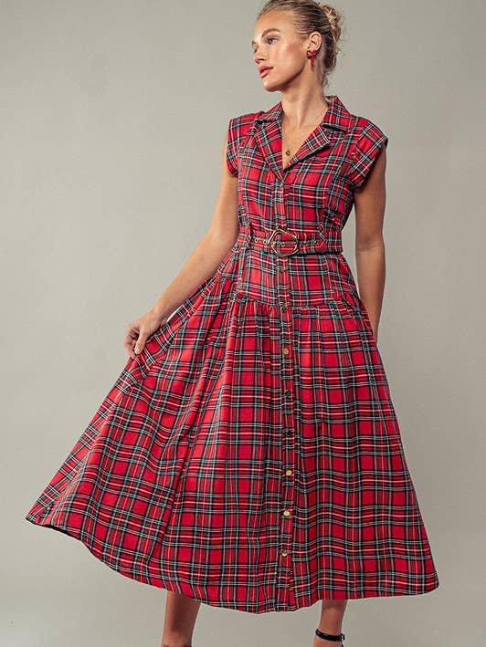 Urban Daizy - Wholesale Dress - Women's - Vintage Plaid Belted Classic Statement A Line Dress