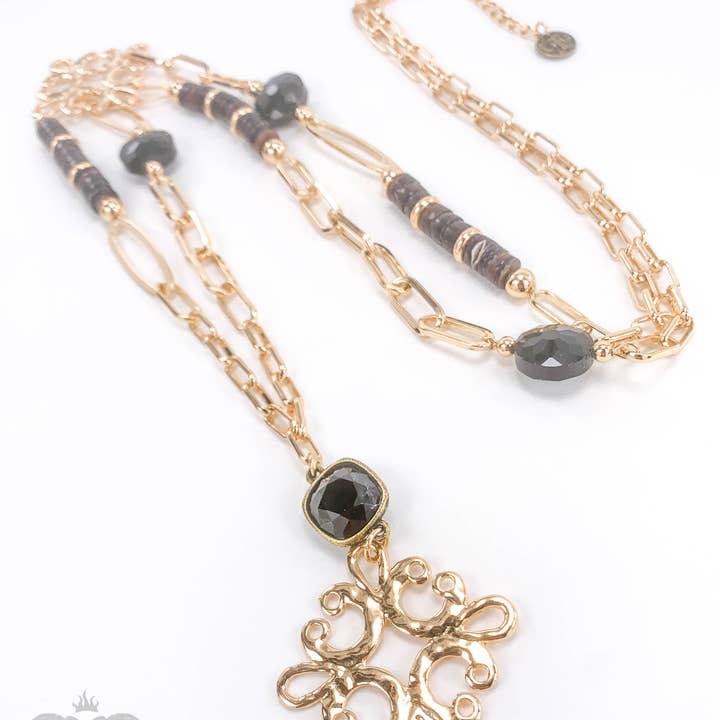 Pink Panache Brands - Wholesale Pendant/Charm Necklace - Scroll cross and bead necklace with Austrian crystal