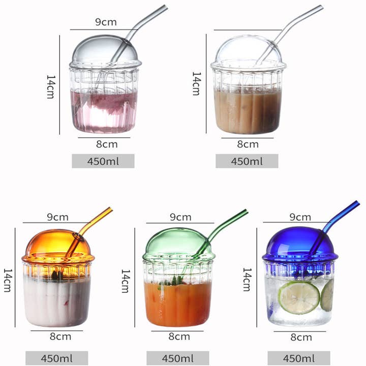 Our Dining Table - Wholesale Drinking Glass/Cup - Domed Colorful Glass Coffee Cup with Lid and straw