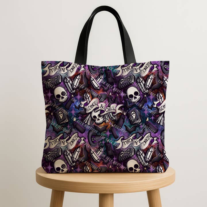 Seance & Chill Witchy Spiritual Spooky Large Zipper Tote Bag for wholesale by The Geek Boutique