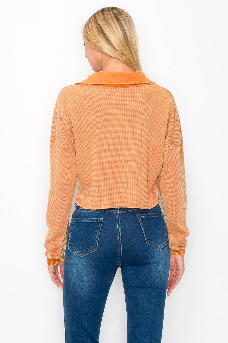 J.Her - Wholesale Knit Top - Women's - Mineral Wash Thermal V neck collar croptop GD4116T1