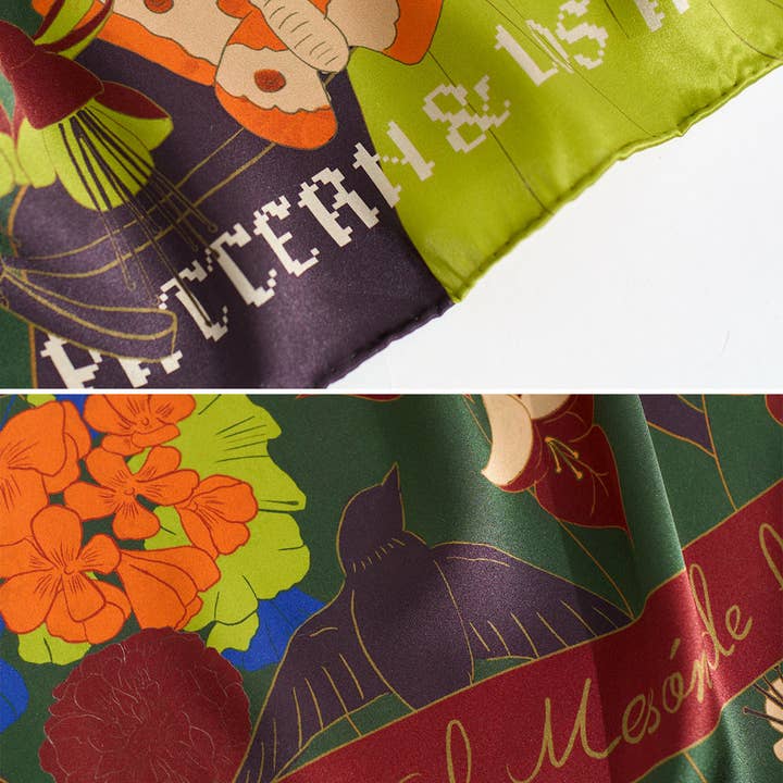 FRIDA x LOST PATTERN "Los Amores de Frida" Large Silk Scarf - Dark Green for wholesale on Faire2