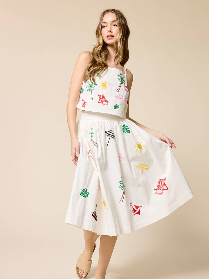 Palm Breeze Embroidery Midi Skirt for wholesale by FLAT WHITE
