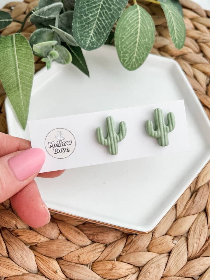 Sage Cactus Studs | Boho Desert Trendy Clay Earrings for wholesale by Mellow Dove Designs