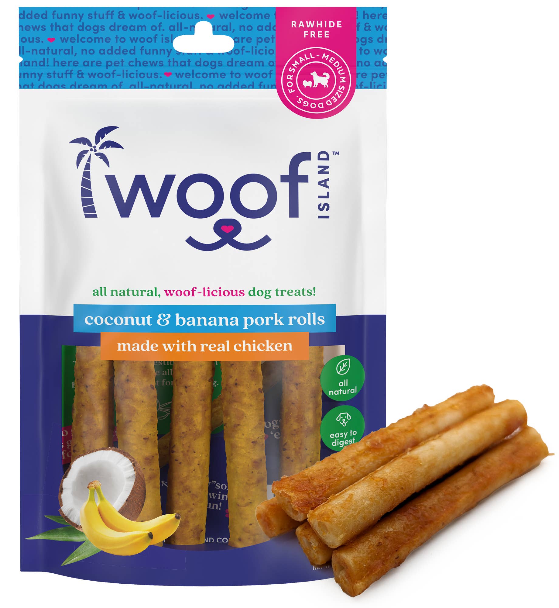 Woof Island – Engroshandel Godbid - Hund – Kokosnødsruller med ægte banan og kylling6