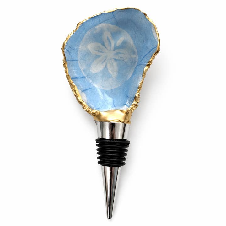 Blue Sand Dollar Oyster Shell Wine Stopper Gold Rim XS to XL for wholesale by Shell Yeah By Jaks LLC