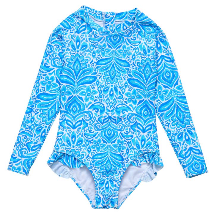 Combinaison de surf Santorini Blue LS pour la vente par Snapper Rock Swimwear UPF50+