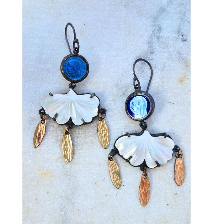Mother of Pearl Virgin Mary Earrings for wholesale by Symbology by Alice Scott