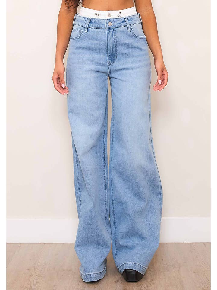 Lys Sten Jeans med dobbelt talje med høj højde og brede ben for engroshandel på Faire