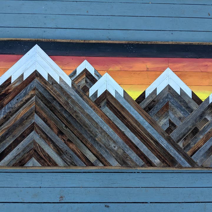 Doxa Design Furniture - Wholesale Wall Accent - Rustic mountain wood wall art asymetrical with sunset.