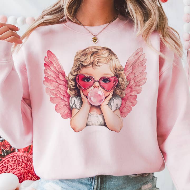 Valentins Bubblegum Engel Amor Hjerte Grafisk Sweatshirt for engroshandel hos Par.tees by Party On!