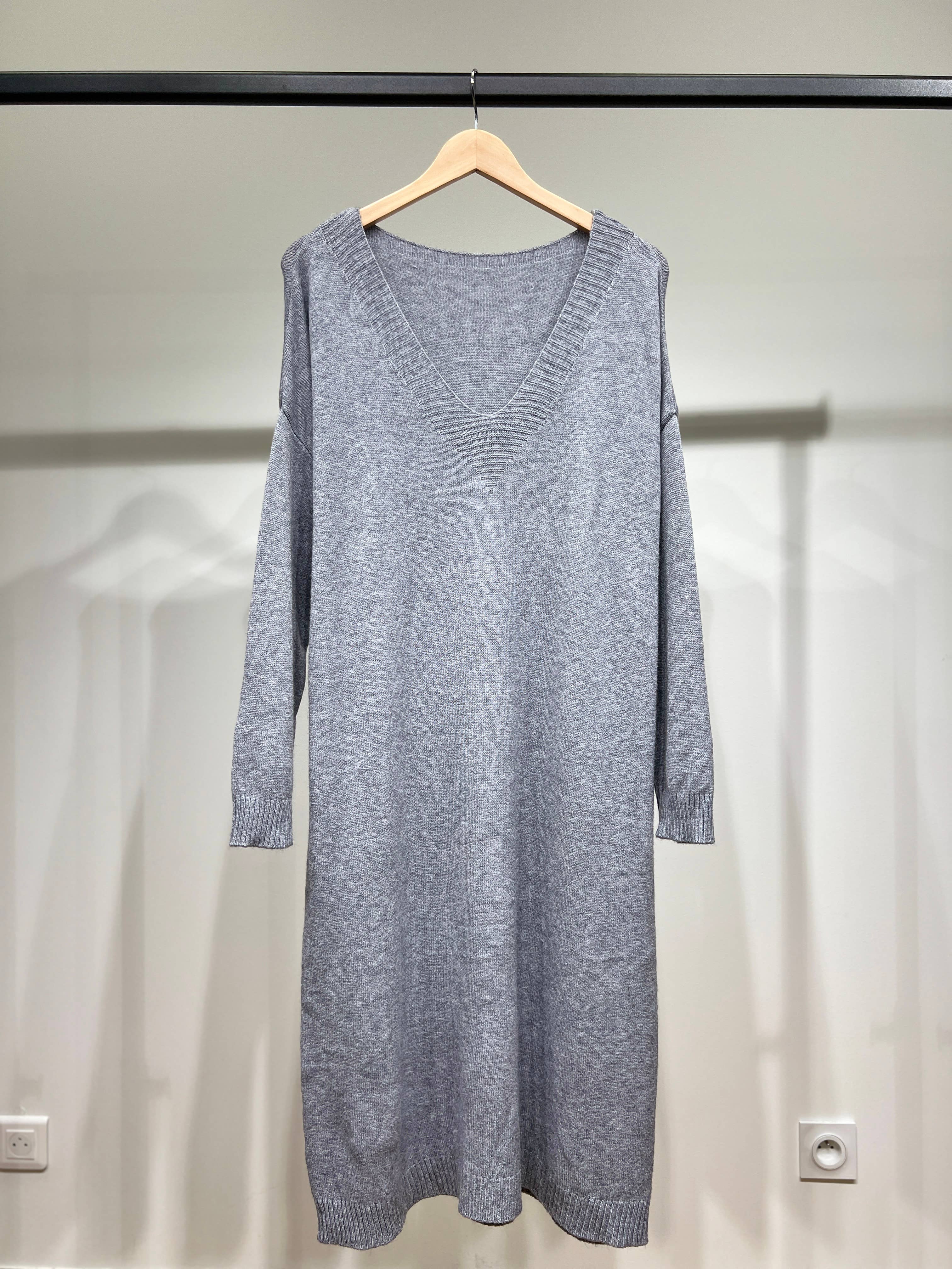 L'Emotion - Vente Robe – femme - Robe Pull Maille Fine Bord-Côtes Côtelé Col V3
