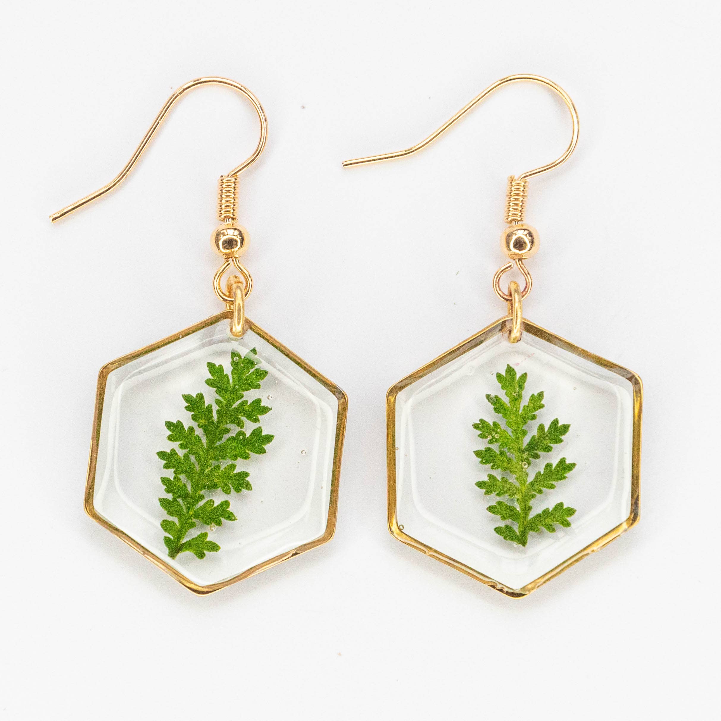 Allie and Posie – wholesale Dangle earrings – Mia hexagon dangle earrings with real dried fern in resin8