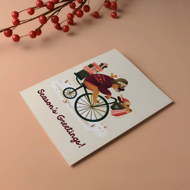 Wallflower Studio Co. - Wholesale Season's Greetings Card - Gift Delivery Bike Bear - Illustrated Holiday Card1