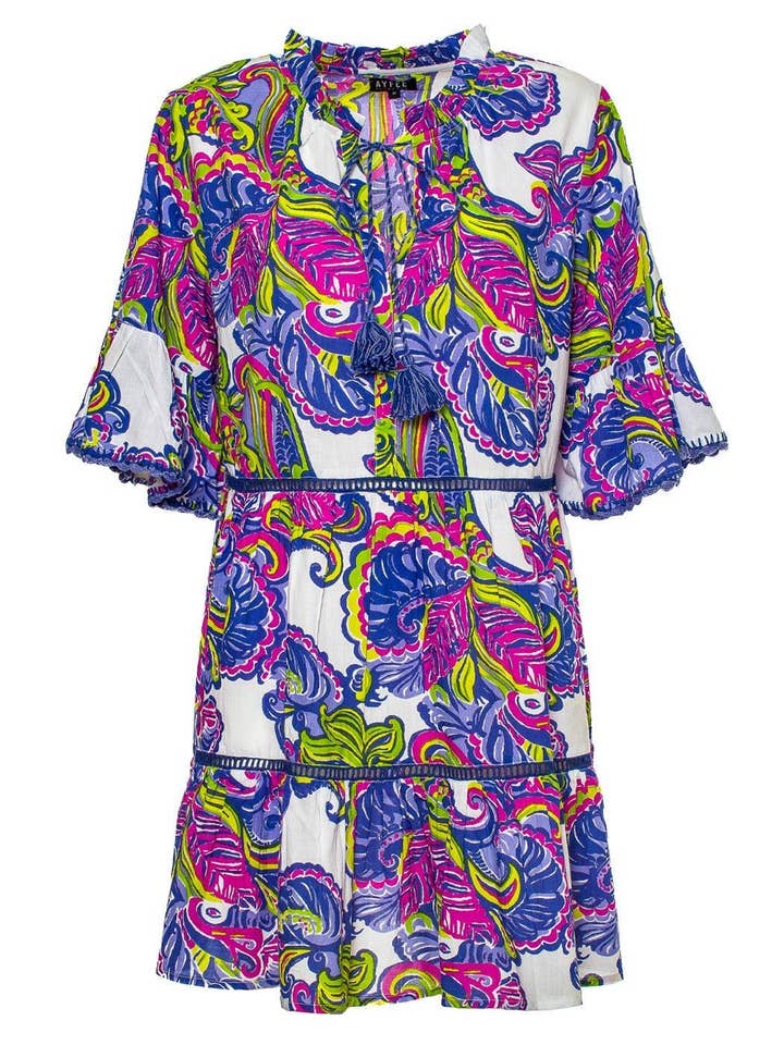 Kort kjole med flæser, cashmere-print og hæklet detalje, 100% bomuld for engroshandel hos Ayfee