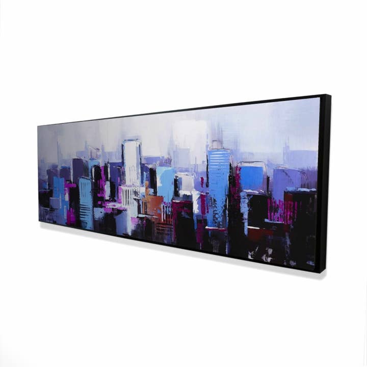 Brown Abstract blue & purple | framed print on canvas 20" x 60" for wholesale on Faire