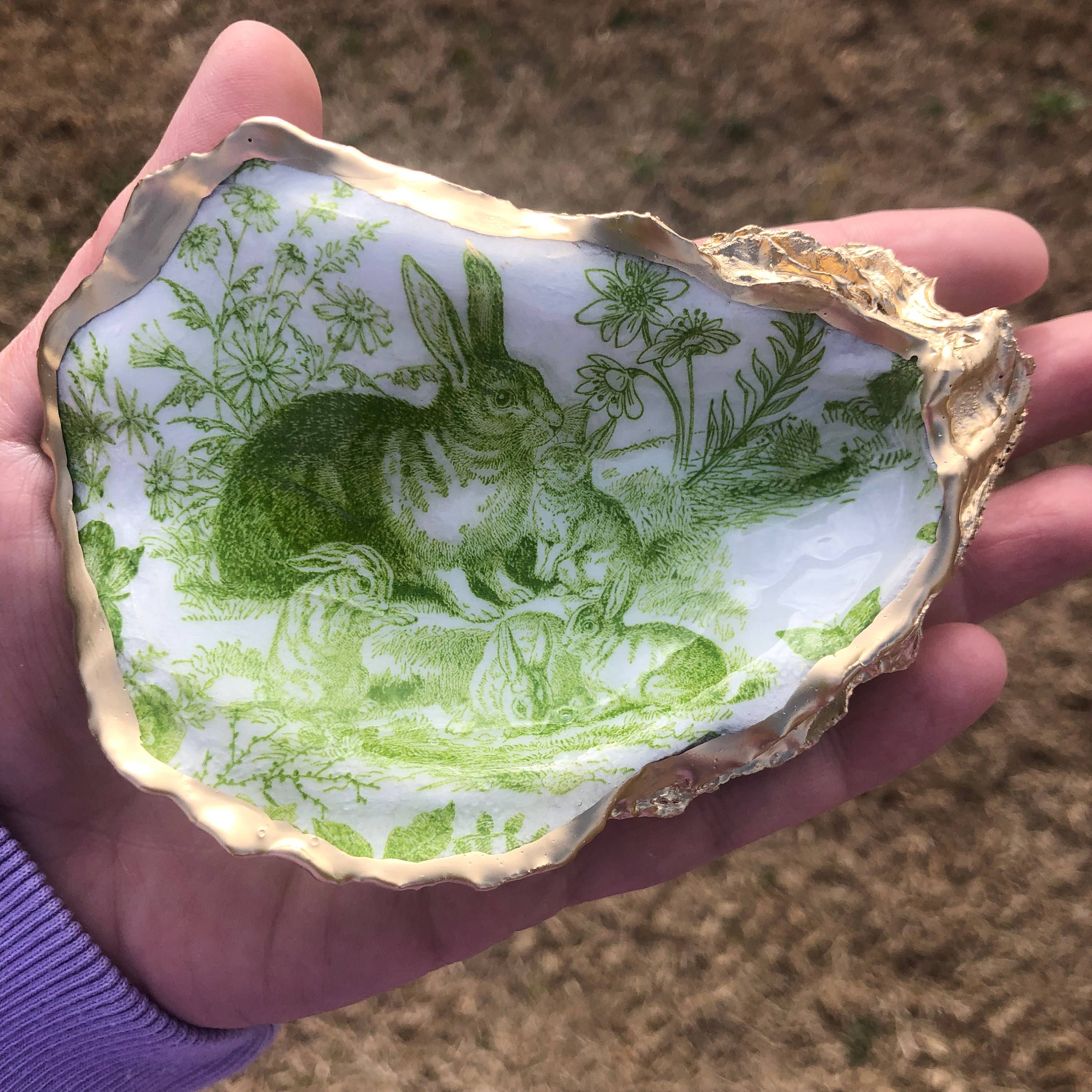 Place of Grace Designs - Wholesale Jewelry Dish - Decoupage Oyster Ring Dish--Bunny Toile2