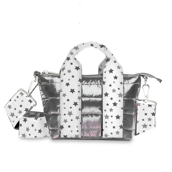 Gunmetal Puffer Tiny Tote Snowflake Star Straps for wholesale by Top Trenz Inc