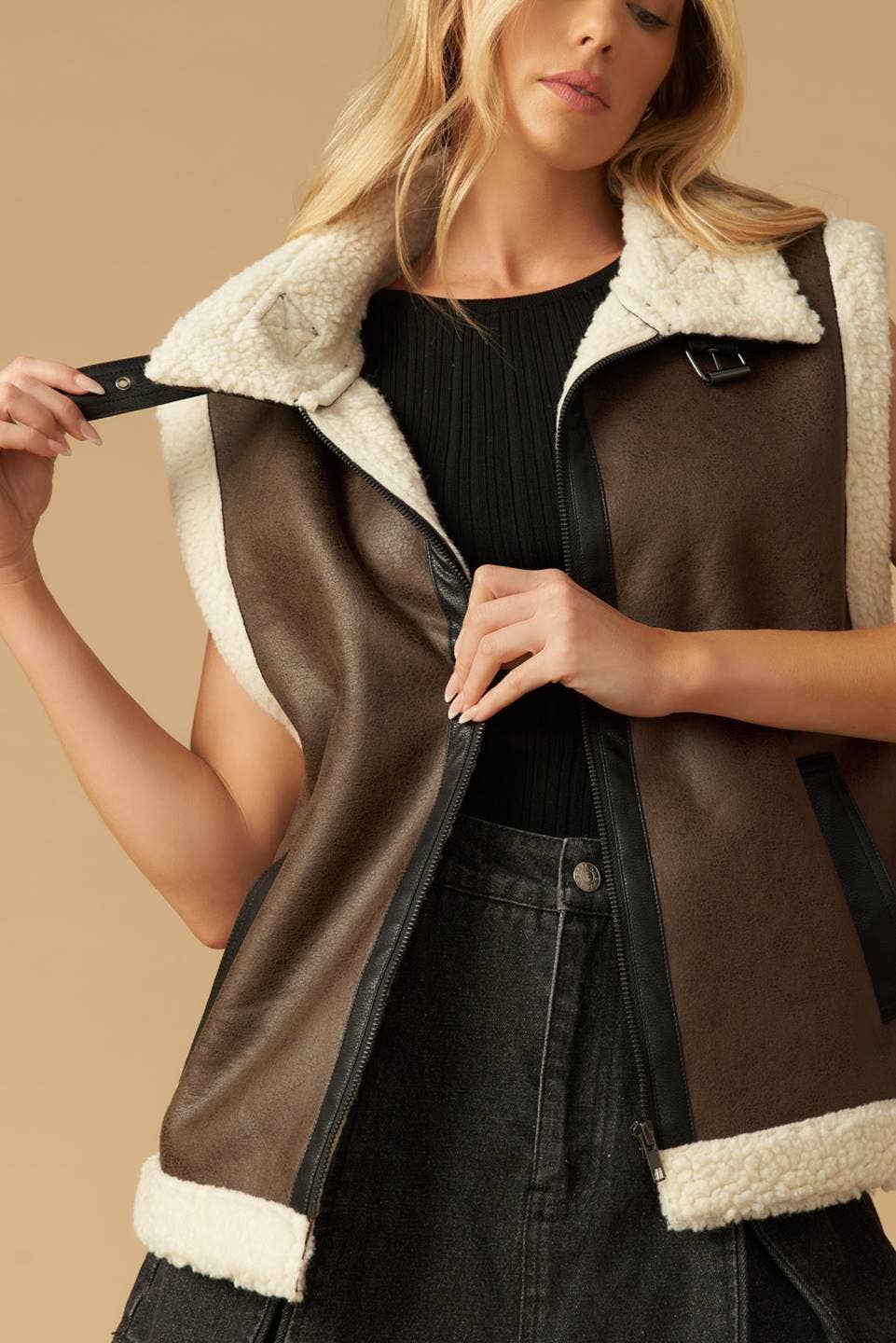 Brown A faux leather/sherpa vest - IJ10242 for wholesale on Faire4