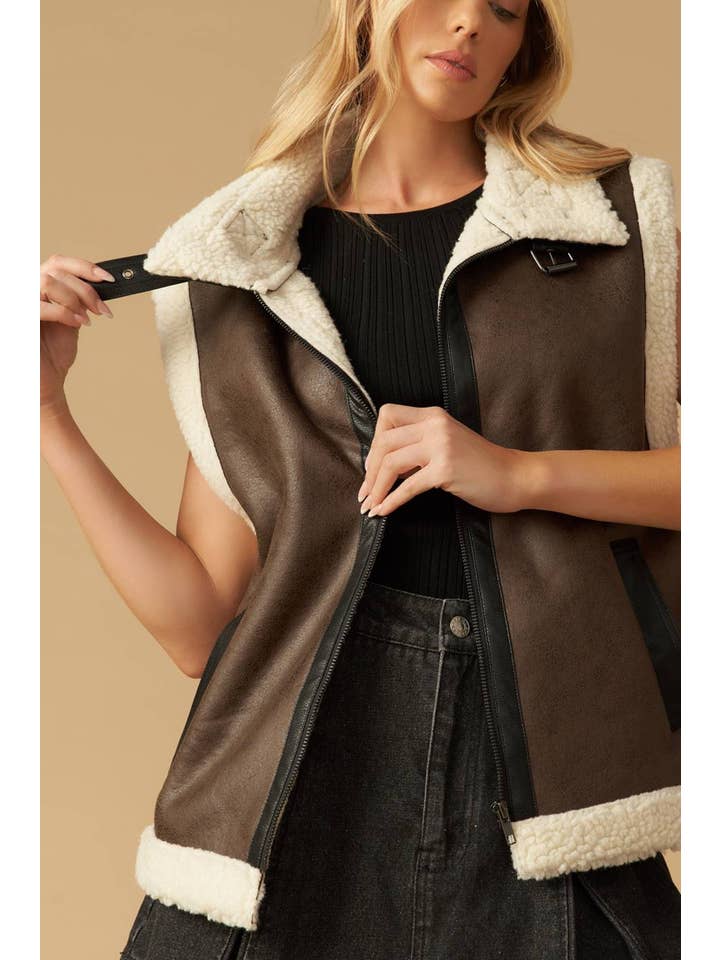 Brown A faux leather/sherpa vest - IJ10242 for wholesale on Faire4