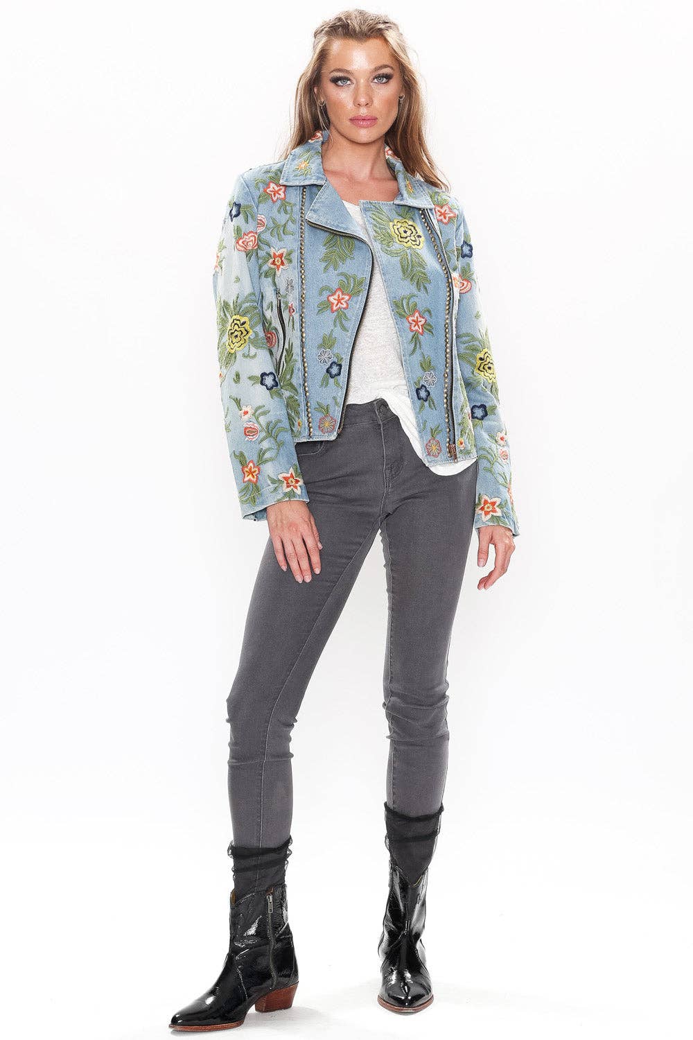 Lucinda Embroidered Denim Motorcycle Jacket for wholesale on Faire31