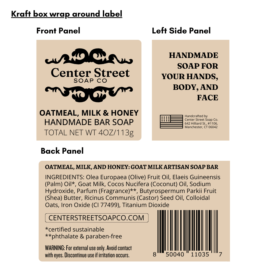 Center Street Soap Co - Wholesale Bar Soap - Oatmeal, (Goat's) Milk & Honey Handmade Bar Soap - 4oz4