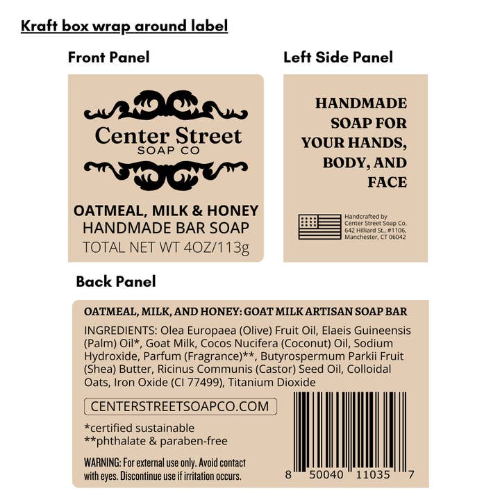 Center Street Soap Co - Wholesale Bar Soap - Oatmeal, (Goat's) Milk & Honey Handmade Bar Soap - 4oz4