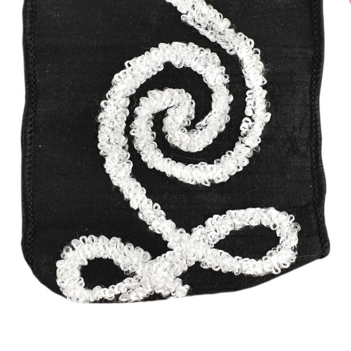 Black Faux Dupioni Ribbon w/ White Embroidered Scroll for wholesale by David Christopher's Collection