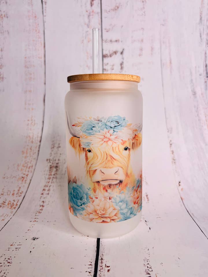 Glass Can Tumbler - 16oz Blue Floral Cow for wholesale by Poured Not Stirred