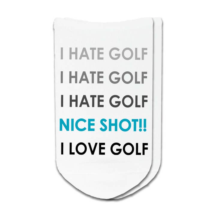 White Funny Golf Socks - Love/Hate Golf No-Show Socks for wholesale on Faire1