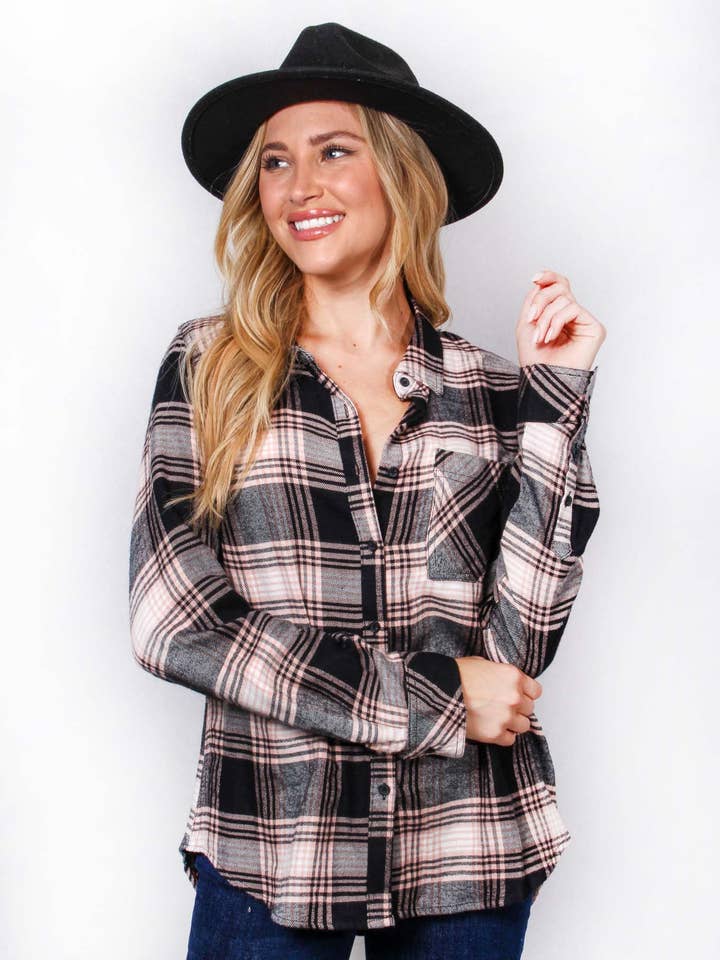 Women's Long Sleeve One Pocket Plaid Top for wholesale by Good Stuff Apparel
