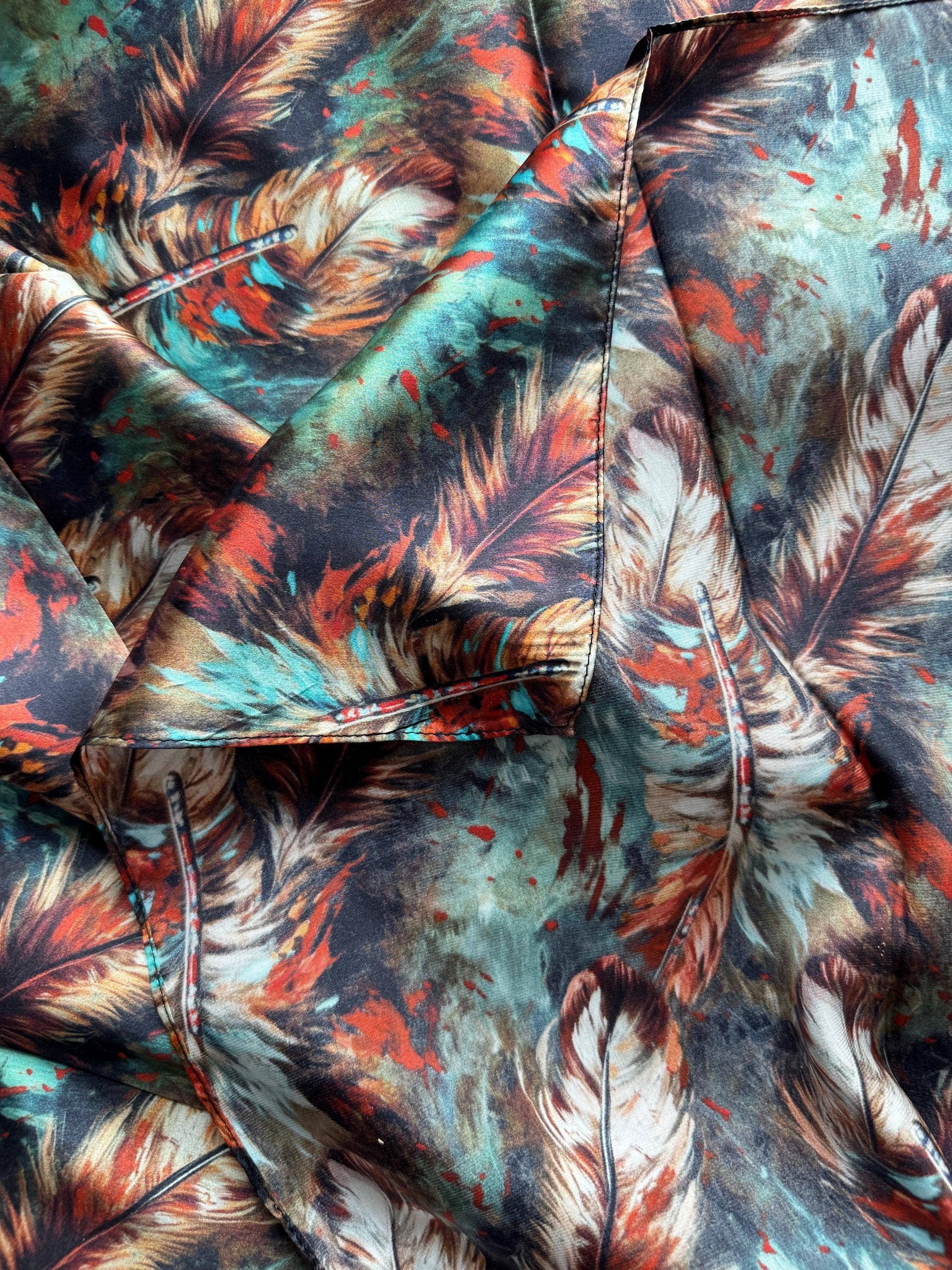 Double B Wild Rags - Wholesale Scarf - Women's - 100% Silk Wild Rag Deep Rust Brown and Teal Feathers by Double B Wild Rags2