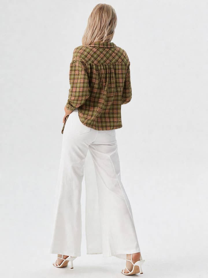 VERY J - Wholesale Button Down Shirt - Women's - NT11147-Cuff Detail Plaid Oversized Button Up Shirt