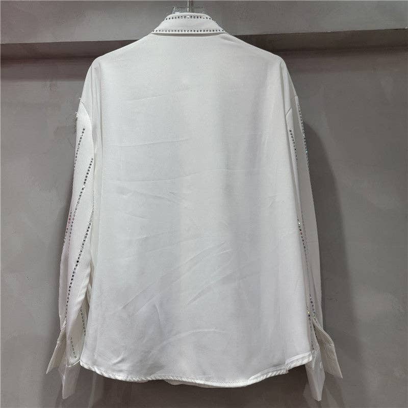 Sanyao Fashion - Wholesale Overhemd met knopen - Dames - M244 Glam Gestreepte Rhinestone Blouse met Handgemaakte Glans7
