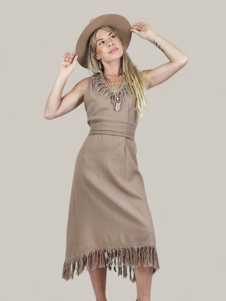 Organic Cotton Dusty Rose Fringe Dress (Open Back) for wholesale by Sacred Ceremony