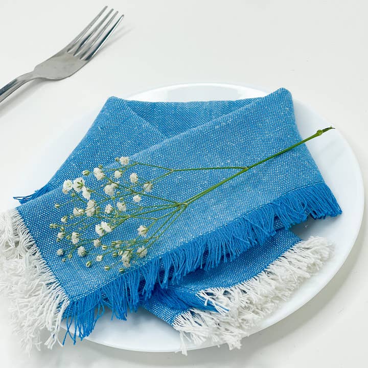 Set aus 12 Chambray-Servietten mit Fransen, 18''x18'', Türkis-Weiß für den Großhandel von chardin home